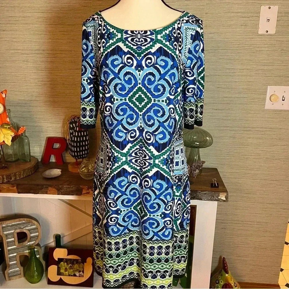 ELIZA J Elbow Sleeve Green & Blue Sheath Dress Women’s Size 10 Geometric - Picture 9 of 9